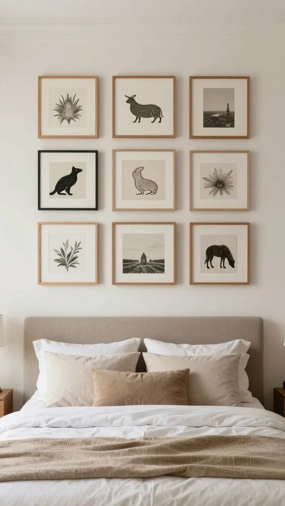 A cozy gallery wall that hugs the headboard: a balanced grid of nine frames with varied art and prints, arranged to align with the width of the bed, neutral bedding and natural wood accents.