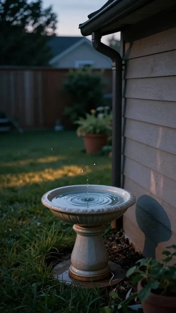 A twilight backyard scene with soft dusk lighting, showing a small ceramic birdbath and a clogged gutter nearby, with subtle mosquitoes hovering near the water but none in focus; a lawn with shaded areas and a few potted plants.