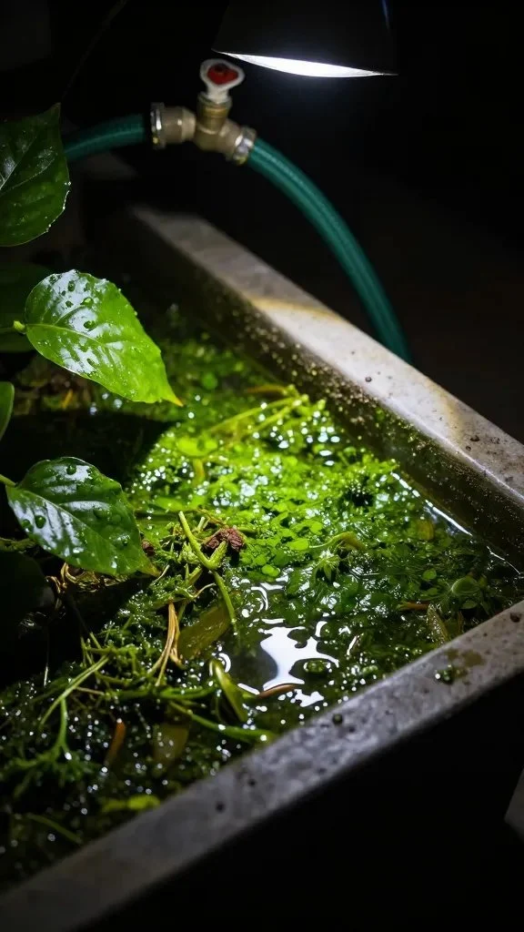 Close-up of a planter tray with standing water and algae, surrounded by soggy leaves, a hose bib in the background, and a dim garden light casting long shadows.