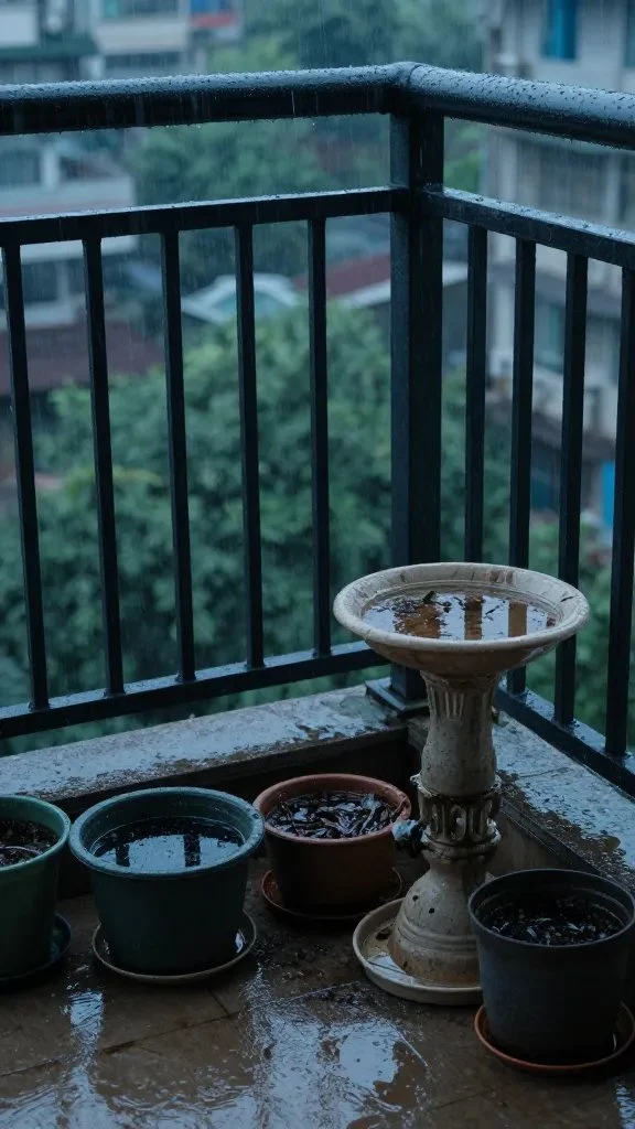 A balcony corner after rain: dim lighting, several containers and pots with water collected in saucers, a birdbath, and a shaded, humid atmosphere inviting mosquitoes.