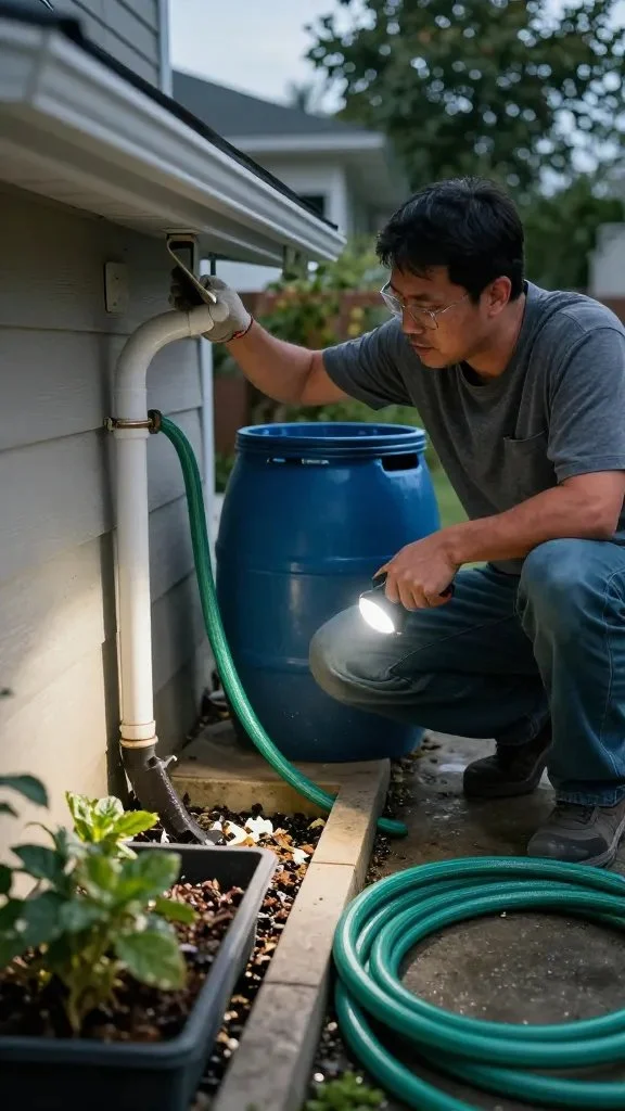 A homeowner inspecting gutters and downspouts, hoses, and plant trays, crouched beside a rain barrel, with a flashlight highlighting clogged debris.