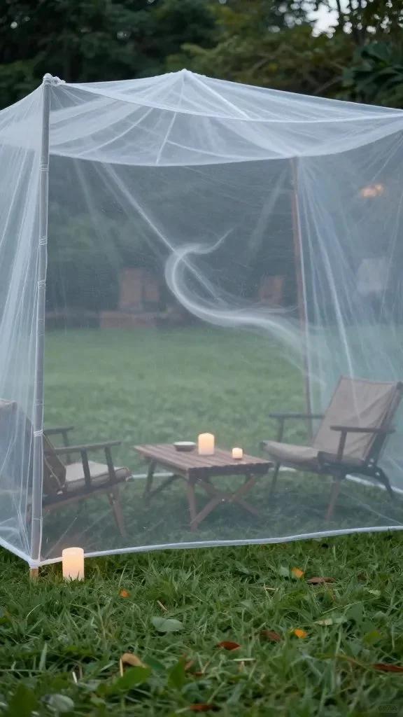 A mosquito-proof outdoor setup: a lawn, a netted seating area, citronella candles, and a subtle breeze indicating movement while keeping the focus away from people.