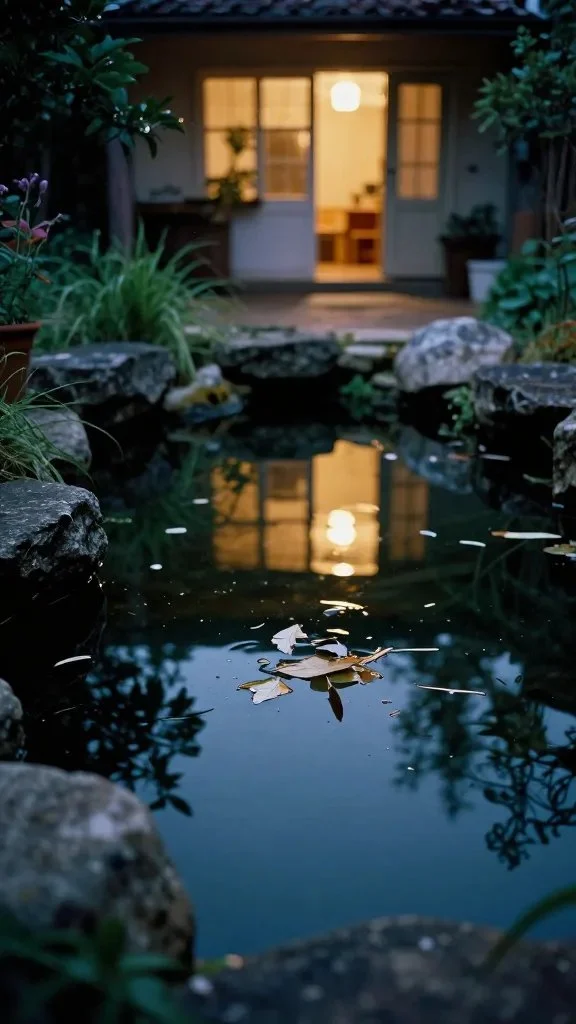 A serene evening yard scene with a small garden pond, floating debris, and reflected lights from a porch, with mosquitoes barely noticeable near the water edge.