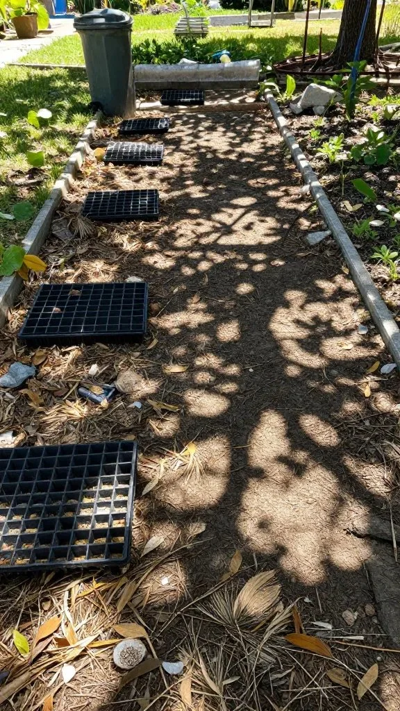 A drying-up garden area after a cleanup: raked leaves, empty plant trays, a trash bin, and sunlight filtering through tree shade to show reduced mosquito havens.