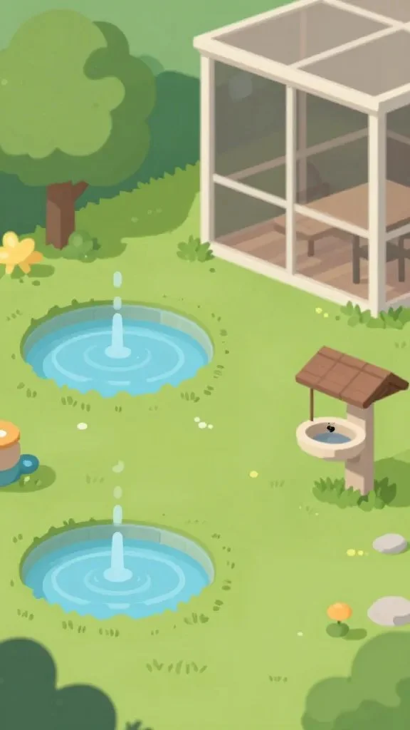 An infographic-inspired scene (without text) showing a tidy yard: cleared standing water, shaded zones, a covered bird bath, and a screened seating area in soft focus to imply an effective mosquito-reduction strategy.