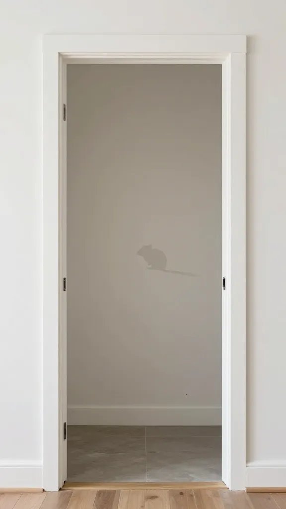 How to Get Rid of Mice: Quick, Humane Fixes 2 A clean, well-lit entryway showing a sealant-done gap around a door frame with a small mouse silhouette faded in the background for scale, no people.