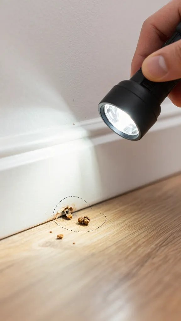 How to Get Rid of Mice: Quick, Humane Fixes 3 Close-up of a hand holding a flashlight to inspect a baseboard for gnaw marks and small droppings, with a dotted overlay highlighting potential entry points.