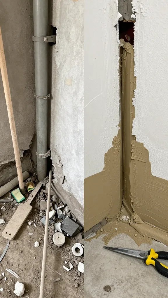 How to Get Rid of Mice: Quick, Humane Fixes 5 A beforeso-after split image: left side shows a cluttered pipe area with gaps and gaps around foundation, right side shows caulked and sealed openings with a small construction tool in frame.