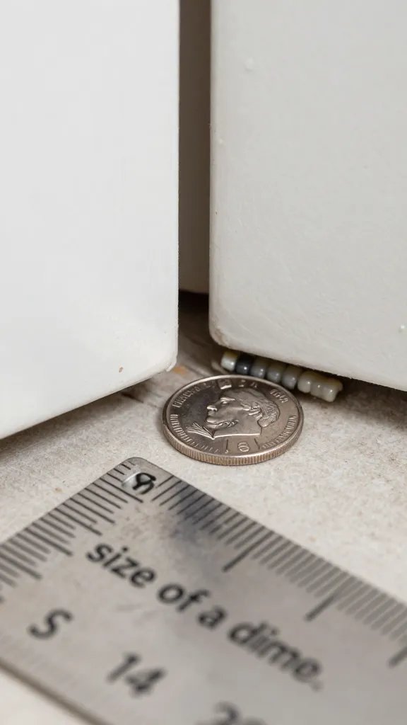 How to Get Rid of Mice: Quick, Humane Fixes 7 A macro shot of a dime-sized gap under a door threshold with a ruler for scale and a sealant bead along the gap, emphasizing “size of a dime.”