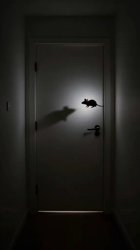 How to Get Rid of Mice: Quick, Humane Fixes 8 A night-time interior shot from a hallway perspective looking toward a closed door with tiny mouse silhouette in shadows, conveying the concept of preventing entry.