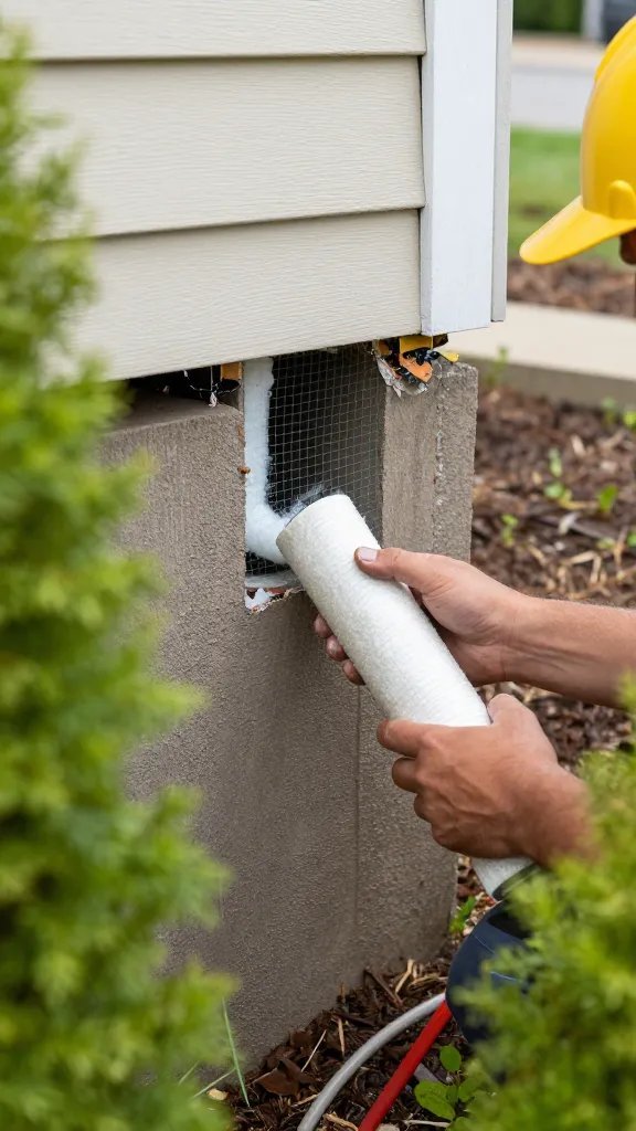 How to Get Rid of Mice: Quick, Humane Fixes 11 An exterior view of a home’s foundation with a technician’s hand applying hardware mesh and foam sealant around a pipe entry, plants framing the scene to show outdoor context.
