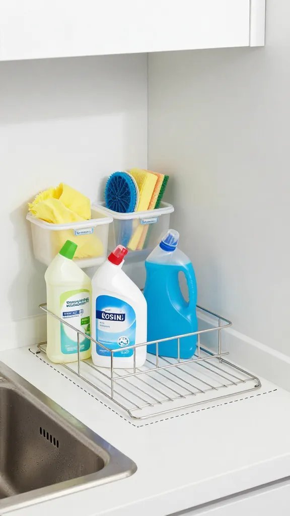 A clutter-free kitchen corner under a sink, showing neatly organized cleaning supplies in labeled containers, plus a small dashed line indicating a new, clean drying rack area to prevent roach harborage.
