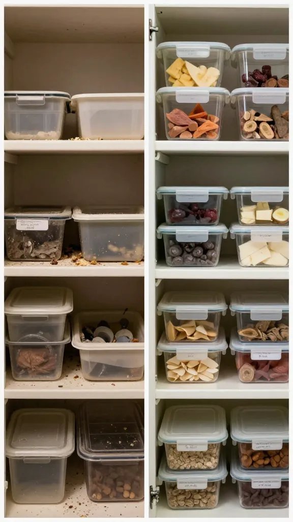 A side-by-side comparison: on the left, a cluttered, dusty pantry with crumbs and grease, on the right, a tidy pantry with sealed containers and labeled shelves, both under neutral kitchen lighting.