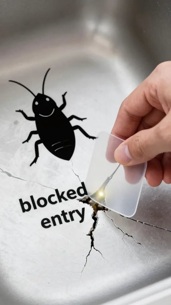A roach silhouette near a sink crack versus a human hand placing a plastic cover over the crack, with a subtle glow indicating a “blocked entry” action.