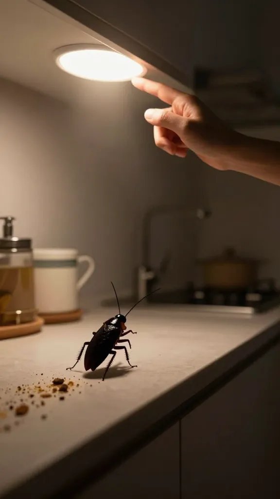 A kitchen night scene showing a roach silhouette approaching a crumbs trail along a counter edge, with a human hand turning on a bright overhead light to disrupt its sense of darkness.