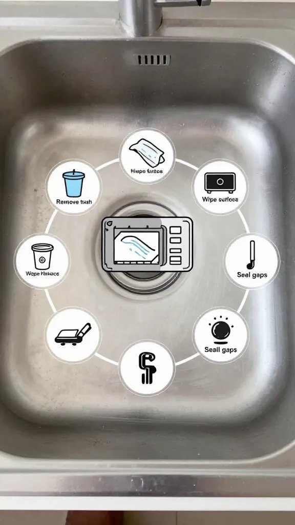 A top-down shot of a kitchen sink area with a clear, labeled plan: remove trash, wipe surfaces, fix leaks, seal gaps, with small icons representing each step arranged in a neat circle.