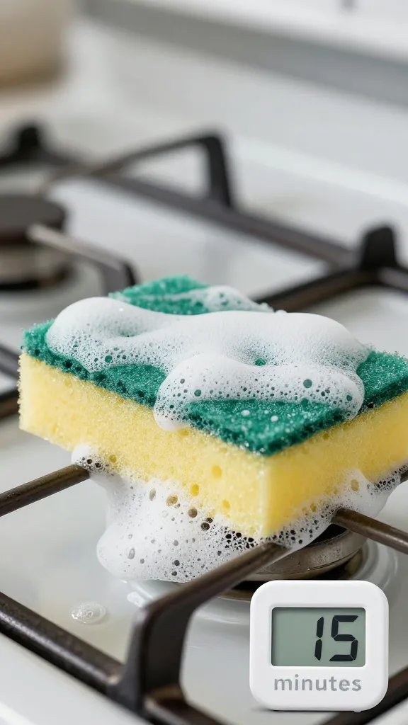 A close-up of a soapy sponge scrubbing grease off a stovetop, a small countdown timer in a corner reading “5 minutes” to imply a quick cleanup ritual.