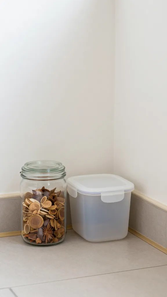 A roach-free kitchen corner, featuring a sealed food storage jar, a spill-free container with a tight lid, and a gap-sealing stripe along baseboards, all under clean, daylight ambiance.