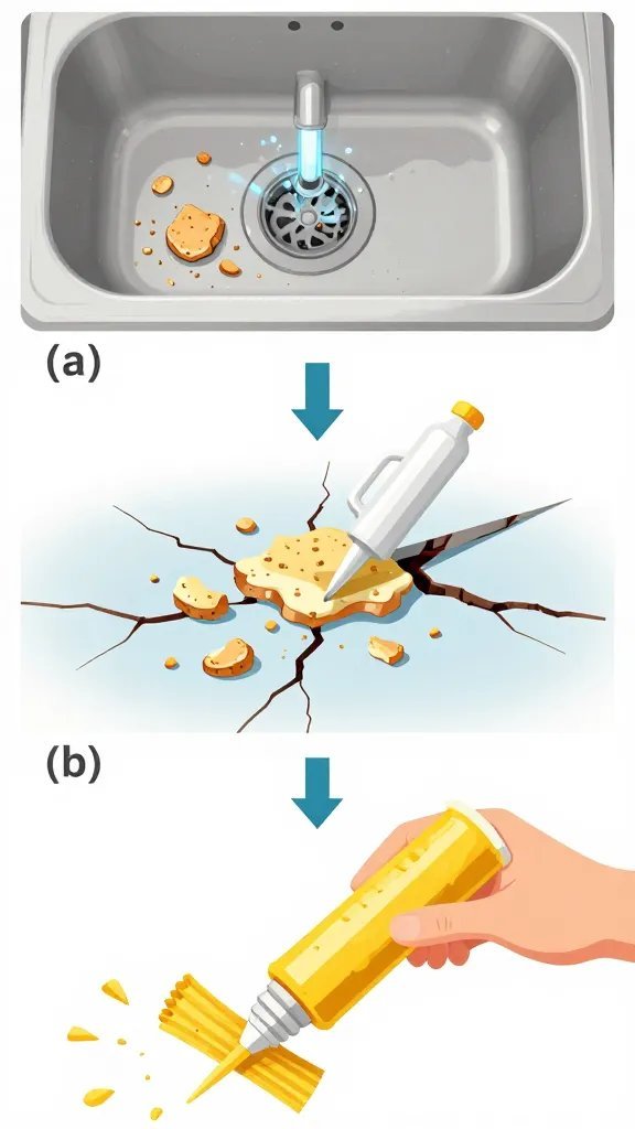 A sequence illustration showing three stages: (a) crumbs and water leaks visible under a sink, (b) cleaning and drying the area, (c) applying caulk or sealant to cracks, with arrows guiding the flow from dirty to sealed.