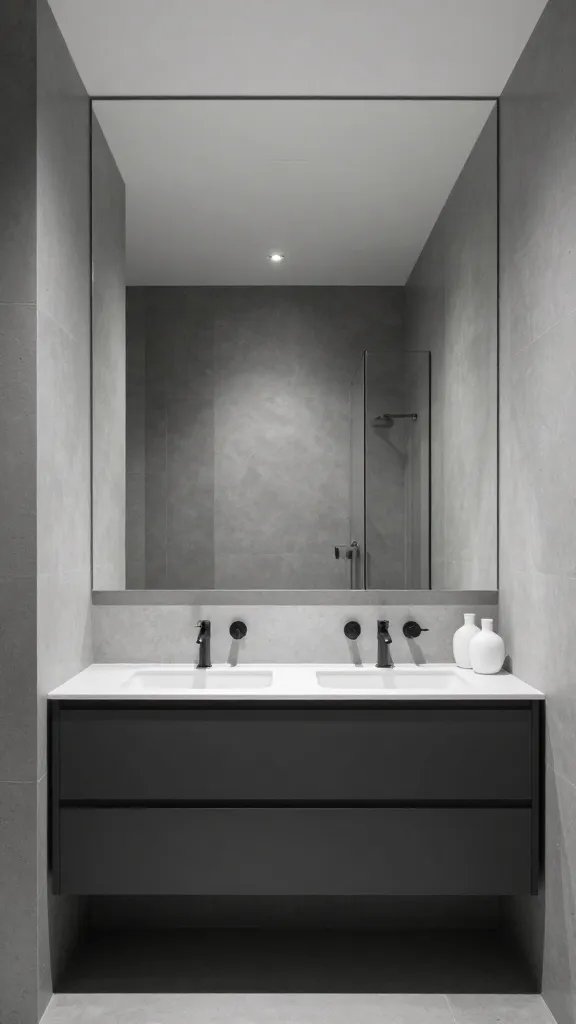Create a hyper-realistic, high-resolution bathroom interior featuring a Monochrome Minimal with Mirror Wall Drama concept: a compact modern bathroom with a full-length floor-to-ceiling mirror spanning one entire wall, reflecting a crisp grayscale palette of charcoal, dove gray, and white. Include a recessed vanity with handle-free drawers in charcoal finish, subtle black metal hardware for a pop, and a minimalist glass shower enclosure with clear glass. The countertops should be clear and uncluttered, with a few white porcelain vessels kept to a minimum. Emphasize clean lines, soft diffused lighting, and a seamless, mirror-dominated wall that visually expands the space. The main subject from the article title—modern minimalist bathroom design—should be represented through the chic, restrained aesthetic, precision textures (matte concrete, smooth porcelain, glass), and a polished yet understated atmosphere. No text or branding in the scene.