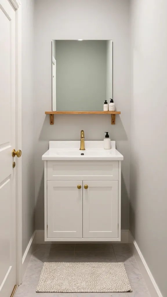 A small bathroom with a cohesive color palette of warm whites, soft gray walls, and sage accents; a muted accent wall, white fixtures, warm wood shelving, and pebble-textured bath mat, with brass fixtures and no clutter.