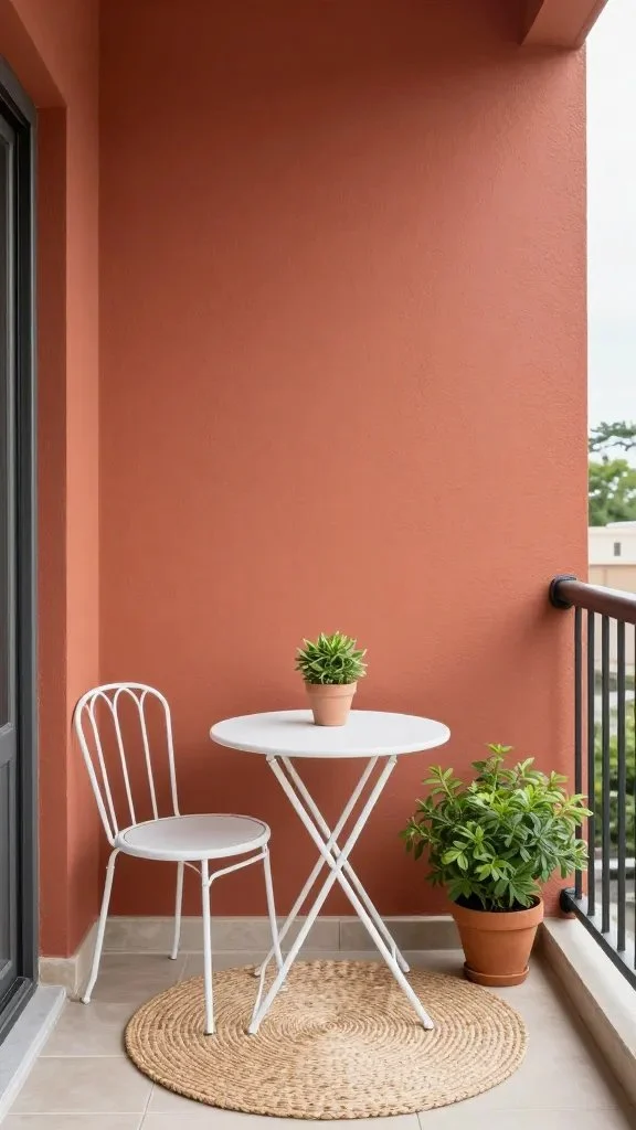 A small balcony with a bold terracotta wall color as the backdrop, featuring a compact white metal bistro set, a woven rug, and potted greenery, with removable wall decals near the top for a temporary pattern.