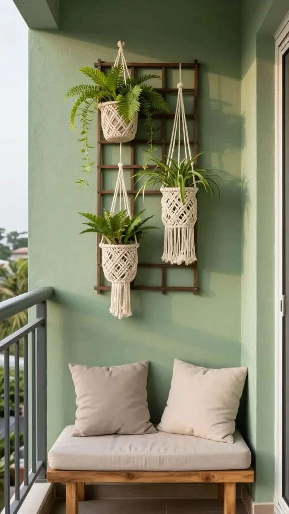 A balcony wall painted sage green with a vertical garden trellis attached, hanging macramé plant holders, and a low wooden bench with neutral cushions, bathed in soft afternoon light.
