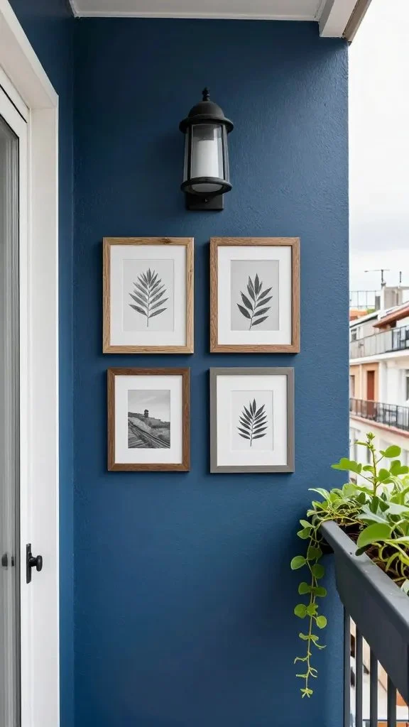 Navy blue accent wall with a mixed-material gallery: weatherproof framed art decals, a matte black wall lantern, and a slim planter ledge showcasing trailing plants along a narrow urban balcony.