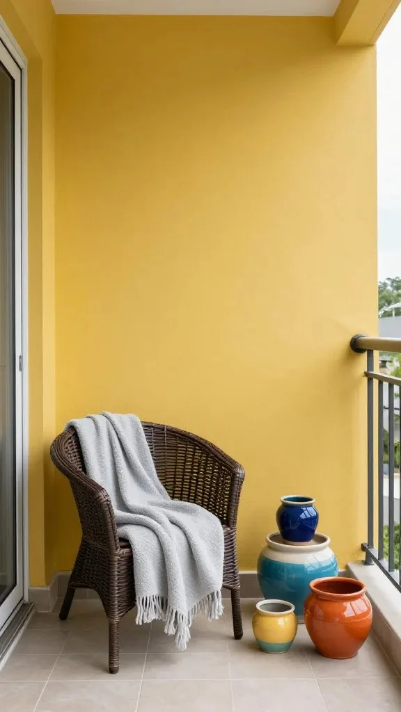 Mustard yellow wall on a compact balcony, paired with dark rattan furniture, a light gray throw blanket, and a few colorful ceramic planters arranged asymmetrically.