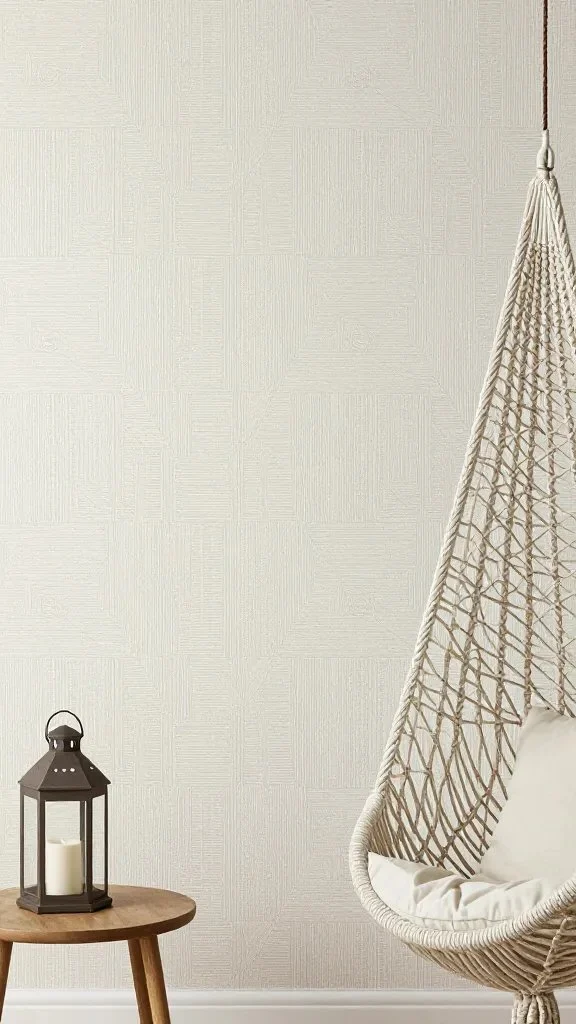 A textured wall featuring removable faux-wrick wallpaper in a subtle geometric pattern, complemented by a hanging rope chair and a small side table with a candle lantern.