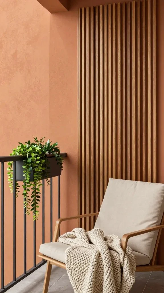 A balcony with a warm terracotta-toned wall and a vertical wooden slat panel, a hanging planter rail with cascading greenery, and a cushioned lounge chair with a chunky knit blanket.