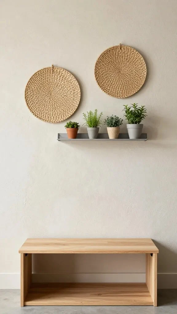Neutral wall with layered textures: woven wall hangings, a slim metal shelf holding miniature potted herbs, and a compact dining setup with push-to-open storage hidden beneath the bench.