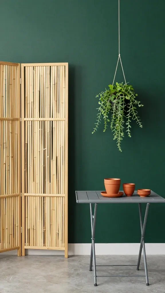 A deep forest green wall as a backdrop for a light bamboo screen, a hanging herb garden, and a compact foldable dining set with a terracotta tableware centerpiece.