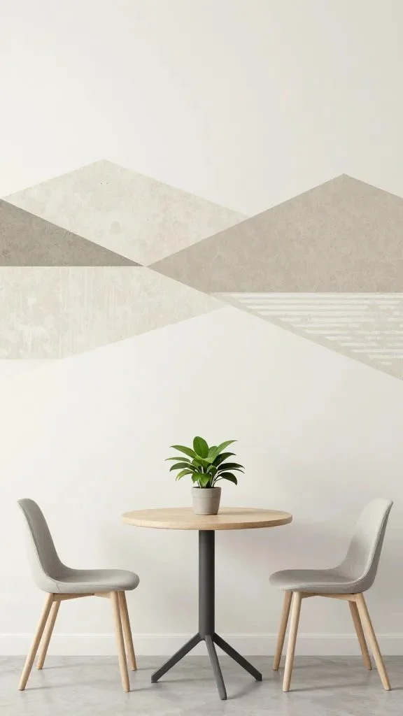 An off-white wall accented by a weatherproof decal mural depicting a geometric landscape, paired with a small round table, two compact chairs, and a potted philodendron on the table.