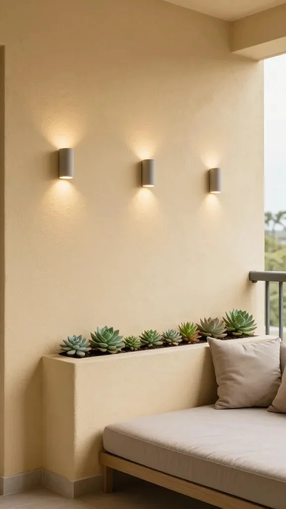 A balcony wall with a chalky plaster texture in warm beige, featuring a row of slim, upward-lit wall sconces, a narrow planter ledge with succulents, and a low-profile Daybed style seating area with neutral cushions.
