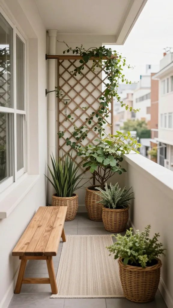 A narrow urban balcony with a calm color palette of soft taupe, sage green, and warm white, featuring a low-profile wooden bench, a thin runner rug, and wicker planters arranged to draw the eye upward toward a trellis with trailing vines, and a single subtle lantern as the pop of color.