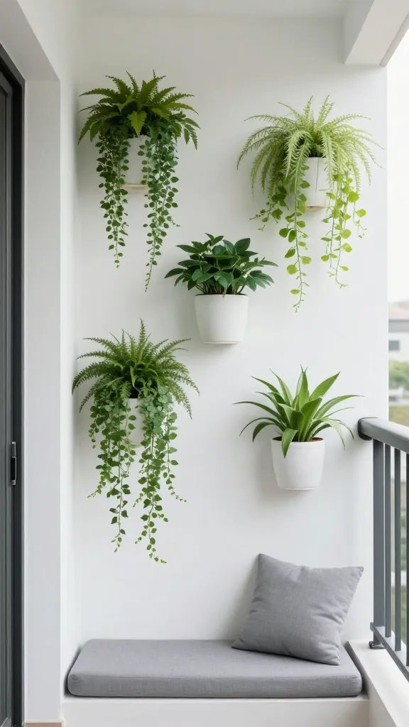 A compact balcony scene showcasing vertical gardening: a white-painted wall with mounted planters, cascading greenery, and a small seating area with a minimalist gray cushion, emphasizing clean lines and a serene, airy feel.