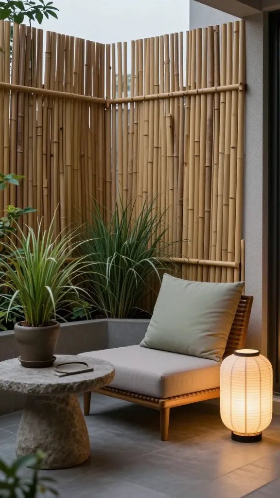 A zen balcony with a bamboo privacy screen, potted grasses, and a stone-topped side table, incorporating a neutral cushion set in sage and taupe, and a single off-white lantern to add gentle warmth at dusk.