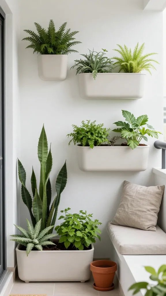 A lush plant-forward balcony: modular, low-maintenance planters in varying heights against a soft white wall, a compact seating nook with a linen cushion, and a subtle pop of color with a terracotta pot.