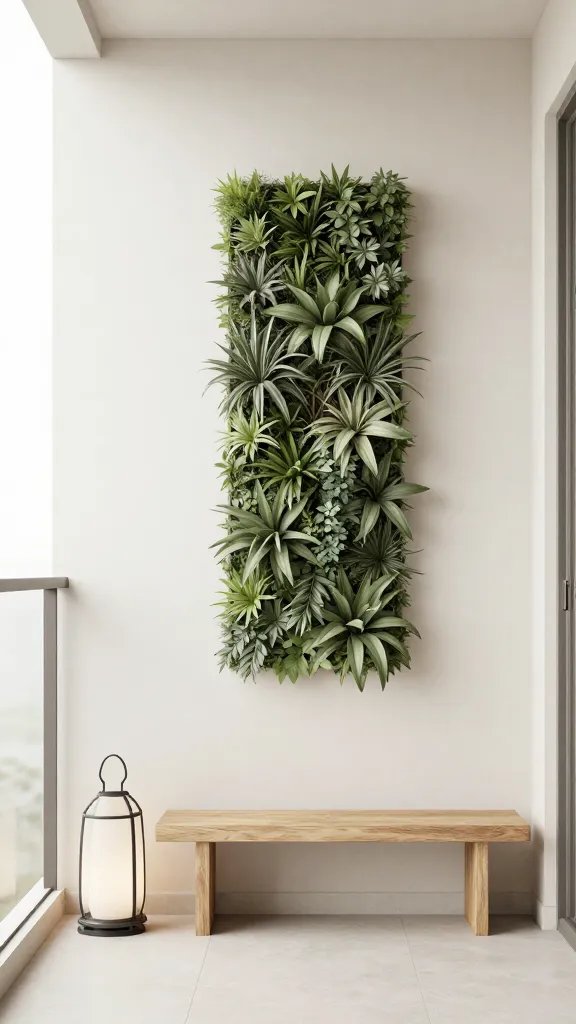 A minimalist monk-inspired balcony featuring a simple lantern, a single vertical plant wall, a slim wooden bench, and a calm color trio of warm white, taupe, and sage green for a harmonious look.