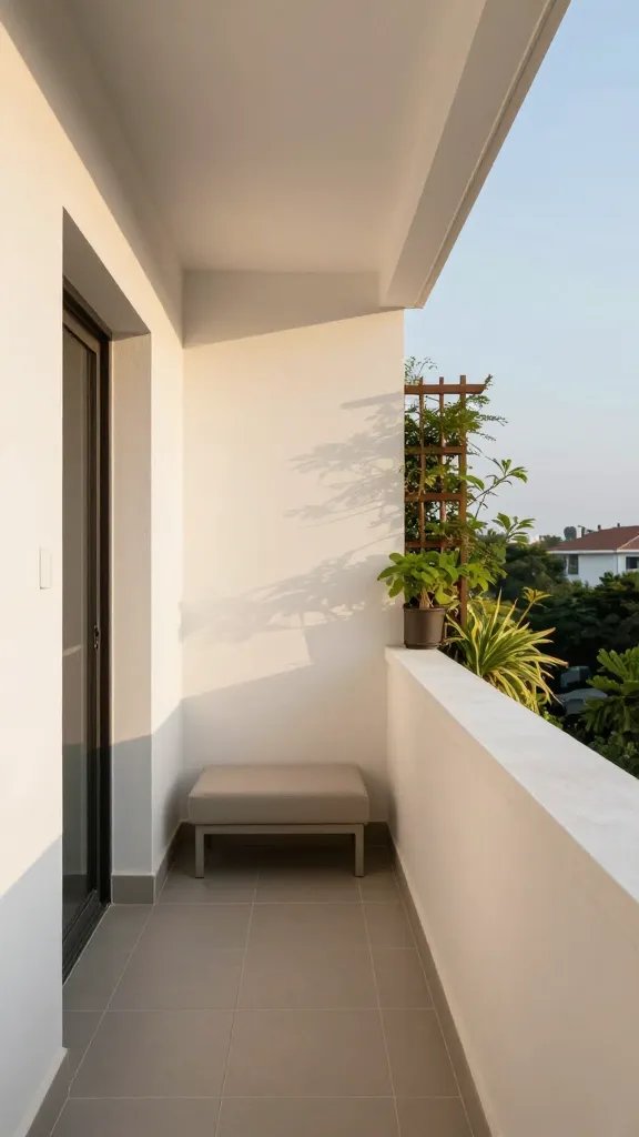 A west-facing balcony at golden hour with white walls reflecting light, a small seating area, a narrow runner, and an elevated vertical garden on a trellis, all arranged to feel spacious and tranquil.