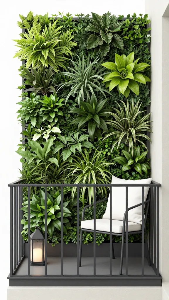 A tiny balcony transformed with a vertical garden wall: dense green foliage in uniform planters, a slim black metal chair, and a white cushion; keep color palette to three tones and add a single light-hued lantern for contrast.