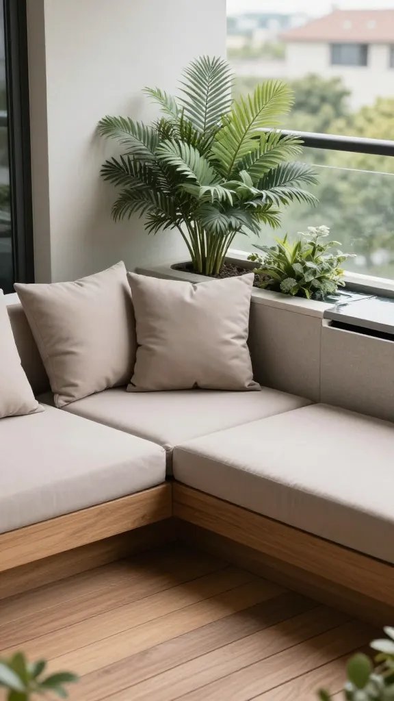 A serene corner balcony with a low-profile wooden deck, soft taupe cushions, a sage green potted plant cluster, a narrow white runner, and a small water feature subtly integrated into the planter box.