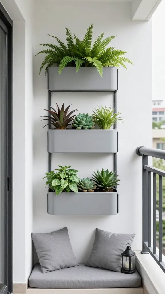 A balcony ready for daily reset: three-tiered vertical planters against a white wall, a cozy seating nook with gray cushions, plant textures ranging from leafy ferns to smooth succulents, and a quiet, single-toned lantern.