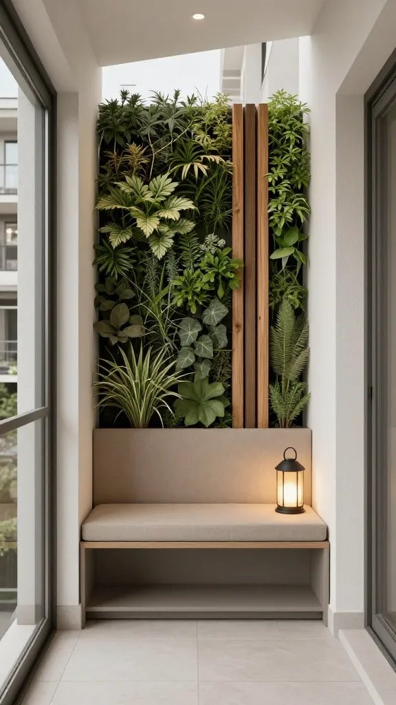 An urban balcony with a hidden storage bench, vertical herb wall, and a calm color scheme (taupe, sage, white) accentuated by a single wooden element and a compact, understated lantern casting warm glow at night.