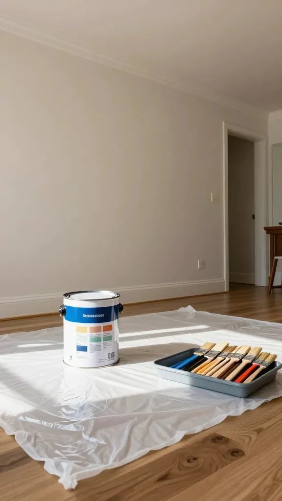 A well-organized painting setup in a sunlit living room: painter's tape along ceiling line, a plastic drop cloth on the floor, a fresh paint can labeled with color family, and brushes neatly arranged on a tray, with daylight casting soft shadows.