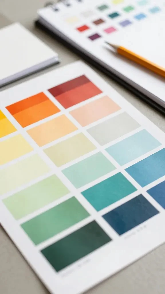 Close-up of color swatches arranged by warm and cool tones on a table, with a notebook showing color family selections and a pencil, all on a neutral surface.