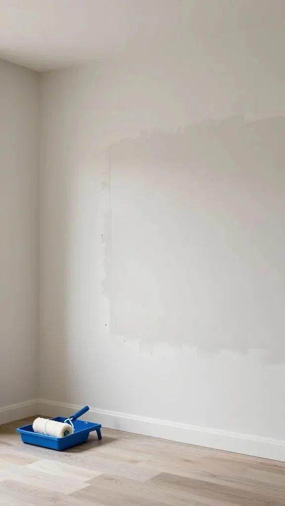 A calm, modern living room before painting: bare walls, a partially masked area with painter’s tape, roller tray, and a paint roller resting nearby.