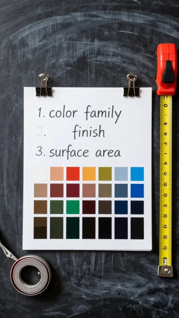 A home improvement planning scene: a chalkboard or notepad listing “color family,” “finish,” and “surface area,” with sample color chips clipped to the board and a measuring tape coiled nearby.