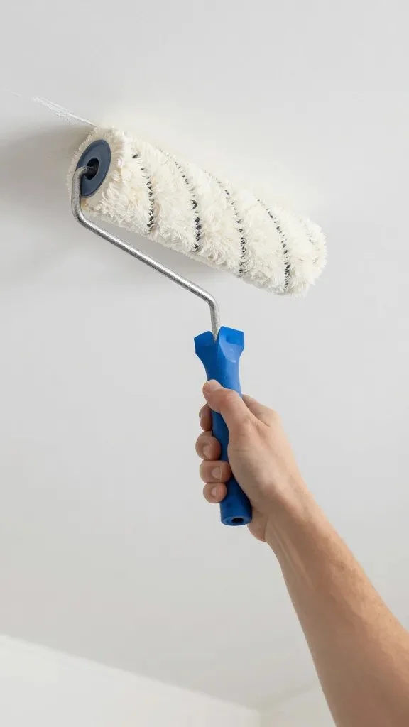 Action shot of a painter using a long-handled roller to cover a ceiling edge, with a steady hand, clean lines, and minimal splatter visible.